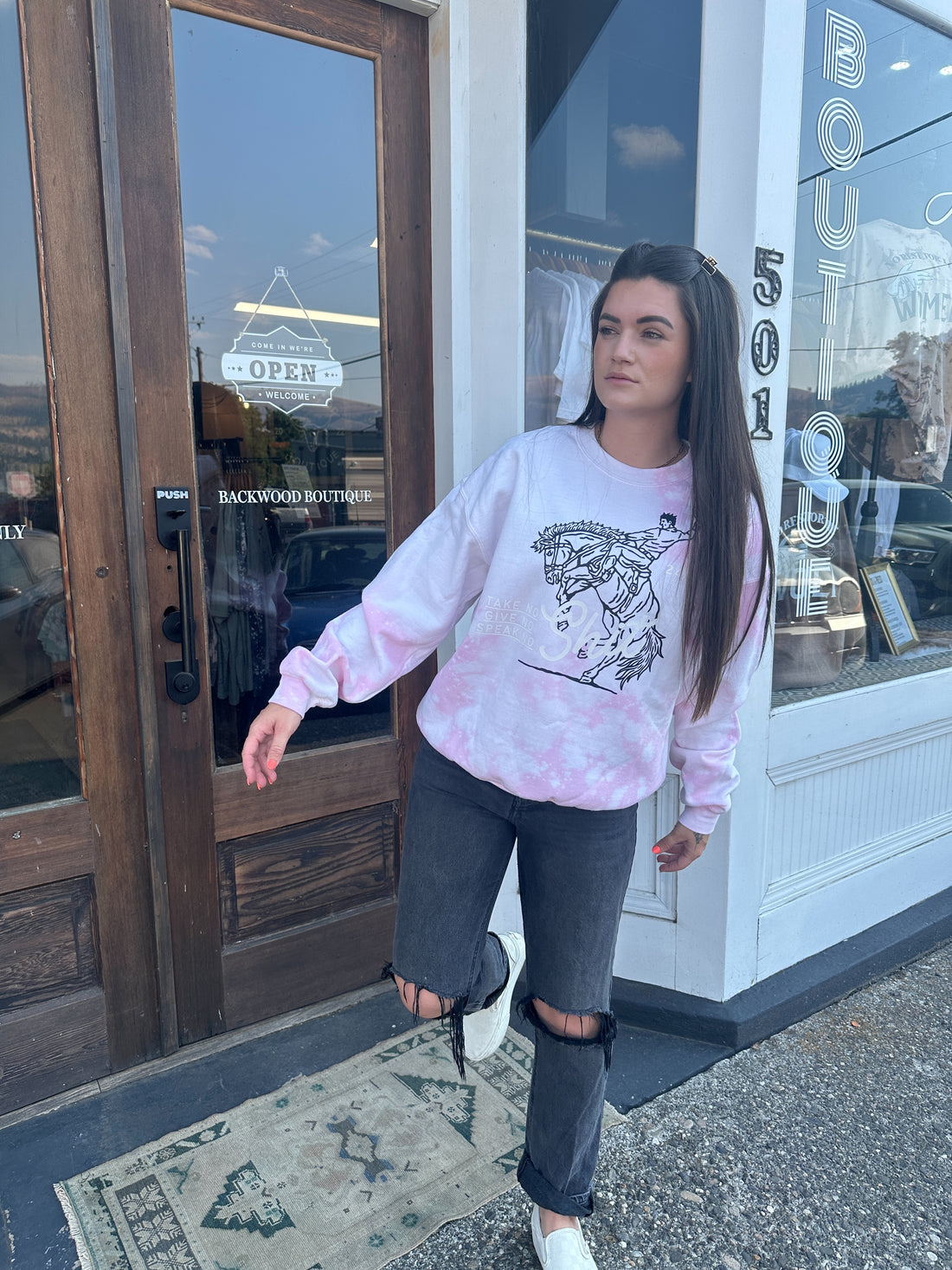 Speak. Take. Give. No Shit Distressed Pink Bleached Crewneck Sweatshirt