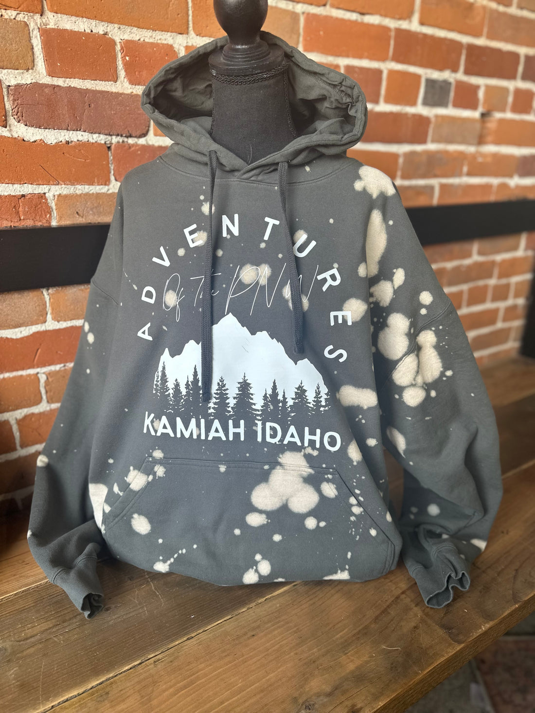 Adventures of the PNW Kamiah Idaho Grey Bleached Hooded Sweatshirt