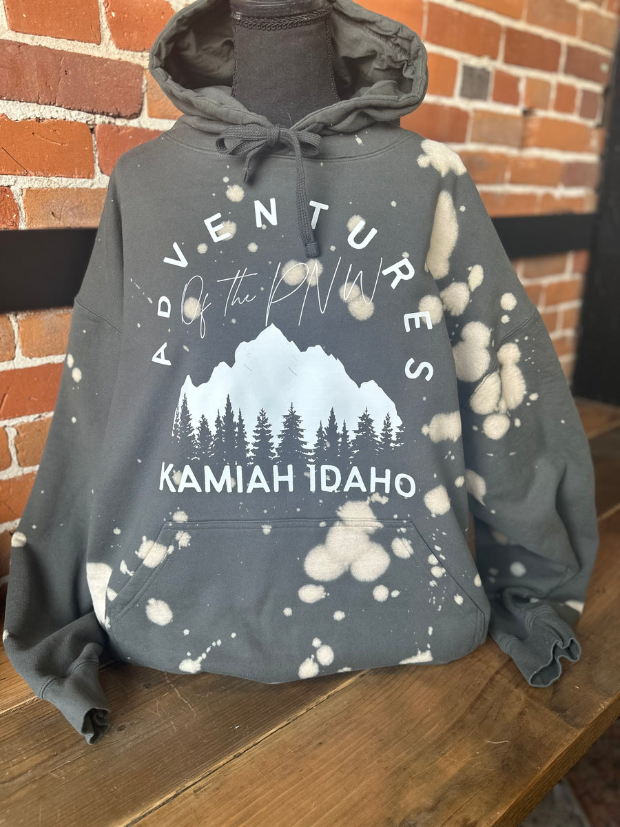 Adventures of the PNW Kamiah Idaho Grey Bleached Hooded Sweatshirt