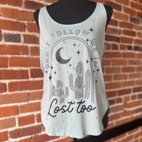 Don’t Follow Me Im Lost Too Light Blue and Black Splatter Tank Top