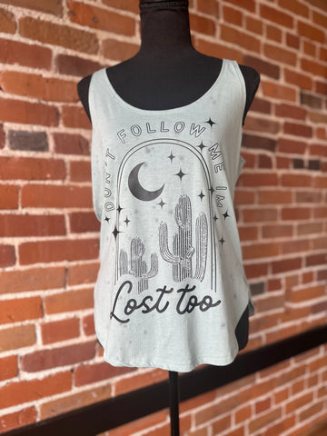 Don’t Follow Me Im Lost Too Light Blue and Black Splatter Tank Top